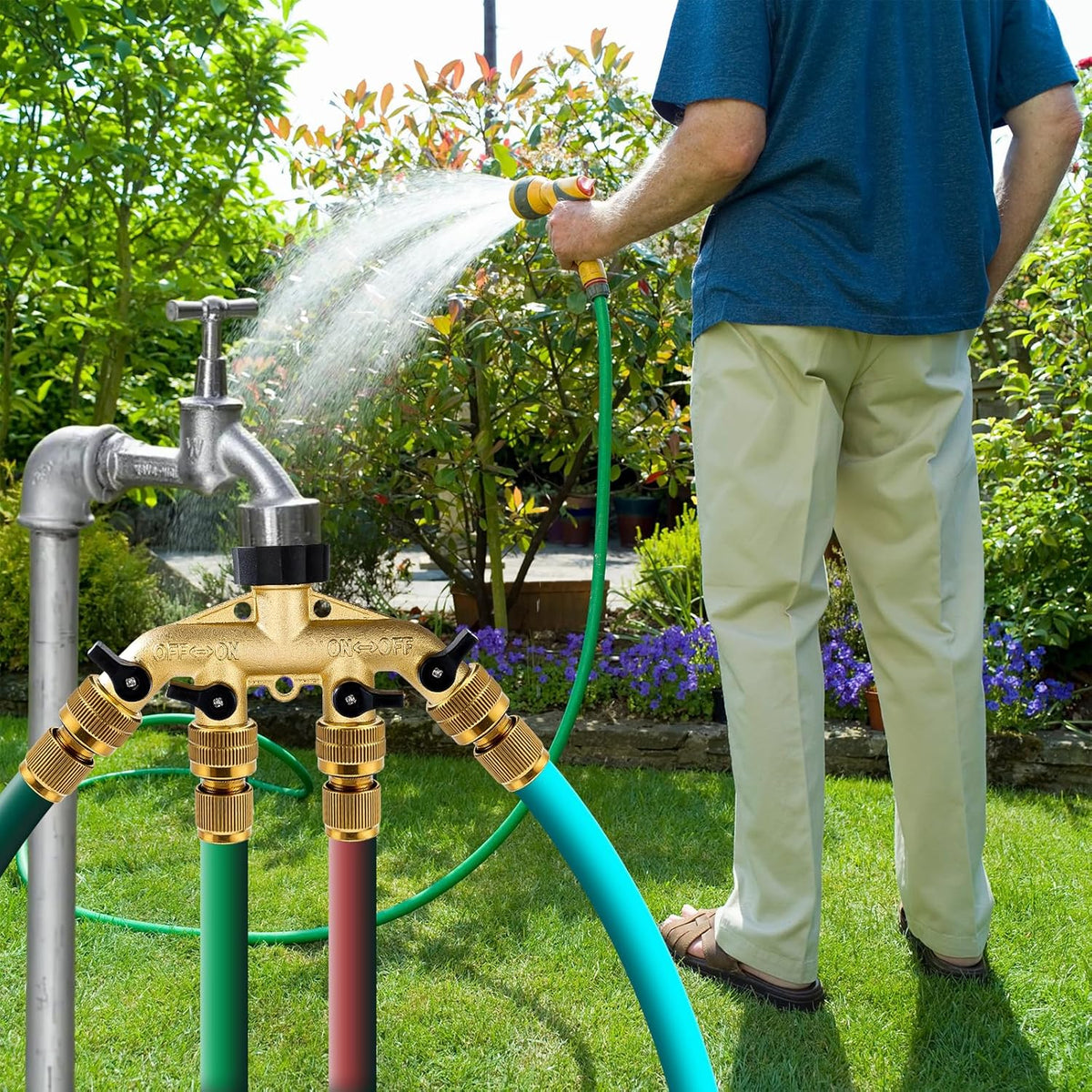 Brass Hose Splitter 2 Way, Heavy Duty Garden Hose Splitter with Shut Off Valves, Y Connector Hose Adapter, No Leak, Includes Washers & Teflon Tape –