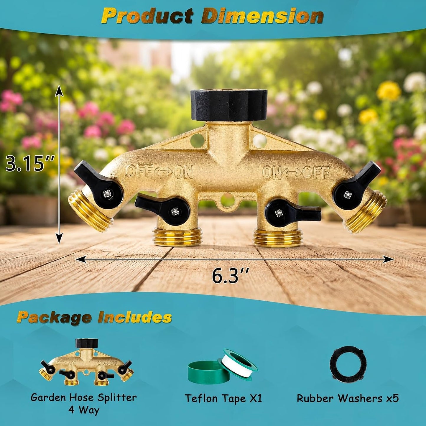 Brass Hose Splitter 2 Way, Heavy Duty Garden Hose Splitter with Shut Off Valves, Y Connector Hose Adapter, No Leak, Includes Washers & Teflon Tape –