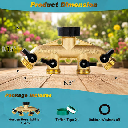 Brass Hose Splitter 2 Way, Heavy Duty Garden Hose Splitter with Shut Off Valves, Y Connector Hose Adapter, No Leak, Includes Washers & Teflon Tape –