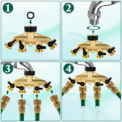 Brass Hose Splitter 2 Way, Heavy Duty Garden Hose Splitter with Shut Off Valves, Y Connector Hose Adapter, No Leak, Includes Washers & Teflon Tape –