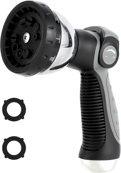 Garden Water Hose Nozzle Metal Heavy Duty Sprayer Thumb Control with 10 Spray Modes Suitable for Watering Plants, Iawn and Garden, Car Washing, Cleaning, Showering Pets and Outdoor Fun, Gray