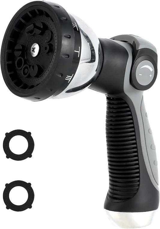 Garden Water Hose Nozzle Metal Heavy Duty Sprayer Thumb Control with 10 Spray Modes Suitable for Watering Plants, Iawn and Garden, Car Washing, Cleaning, Showering Pets and Outdoor Fun, Gray
