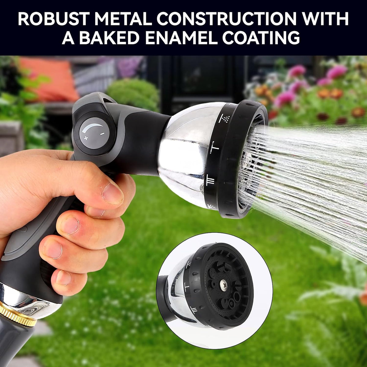 Garden Water Hose Nozzle Metal Heavy Duty Sprayer Thumb Control with 10 Spray Modes Suitable for Watering Plants, Iawn and Garden, Car Washing, Cleaning, Showering Pets and Outdoor Fun, Gray
