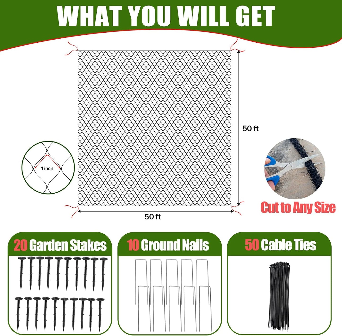 Bird Netting for Chicken Coop - 50x50ft Chicken Netting for Chicken Coop Roof, Poultry Net Coop Netting Cover, Hawk Netting for Chicken Run Fence, 2.4" Mesh Anti Bird Net for Garden Aviary Tree Deers