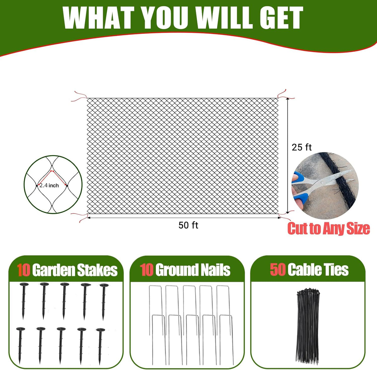 Bird Netting for Chicken Coop - 50x50ft Chicken Netting for Chicken Coop Roof, Poultry Net Coop Netting Cover, Hawk Netting for Chicken Run Fence, 2.4" Mesh Anti Bird Net for Garden Aviary Tree Deers