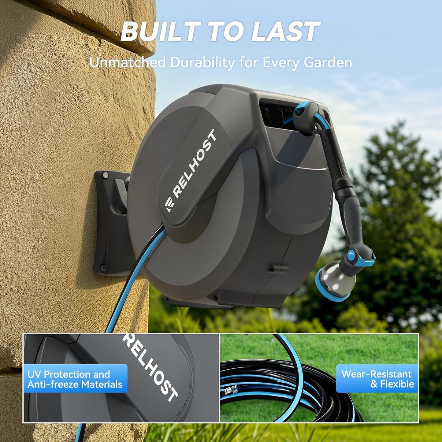 Retractable Garden Hose Reel, 1/2 in x 120 ft Wall Mount Heavy Duty Hose Reel with Any-Length Lock, Auto Rewind System, 180° Swivel Bracket, and 10-Pattern Nozzle for Garden, Dark Grey