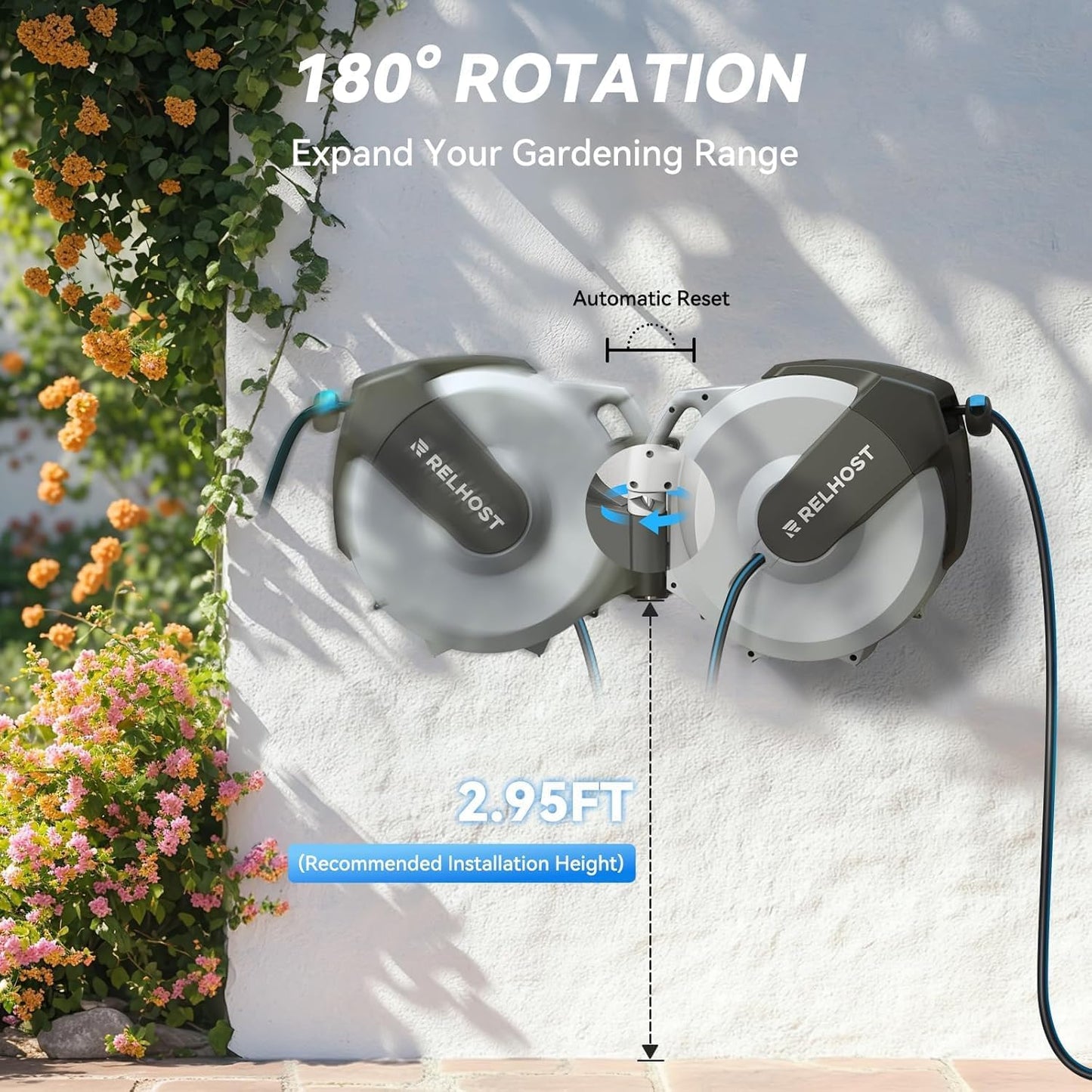 Retractable Garden Hose Reel, 1/2 in x 120 ft Wall Mount Heavy Duty Hose Reel with Any-Length Lock, Auto Rewind System, 180° Swivel Bracket, and 10-Pattern Nozzle for Garden, Dark Grey