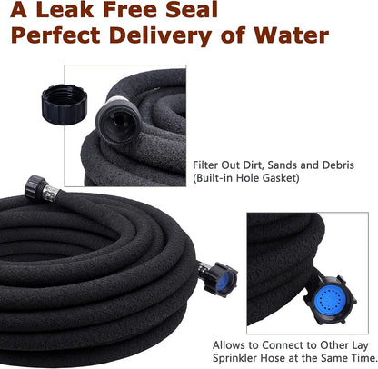 Durable & Buriable Soaker Hose - Saves 70% Water, Waters Roots Directly for Healthier Plants, Flexible & Easy Setup for Garden Beds, Vegetables, Flowers, Black, 50FT