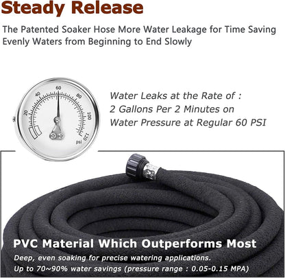 Durable & Buriable Soaker Hose - Saves 70% Water, Waters Roots Directly for Healthier Plants, Flexible & Easy Setup for Garden Beds, Vegetables, Flowers, Black, 50FT