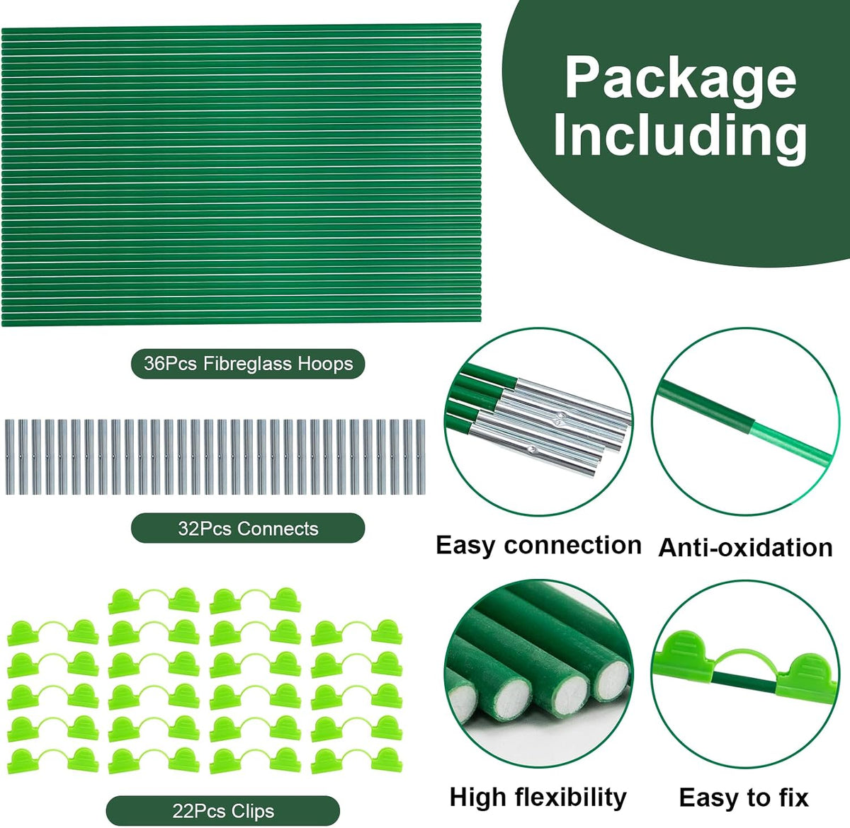 36Pcs Garden Hoops for Raised Beds,6 Sets of 8FT Long Greenhouse Hoops Grow Tunnel, Fiberglass Support Hoops Frame for Fabric Netting,DIY Plant Support Garden Stakes for Row Cover