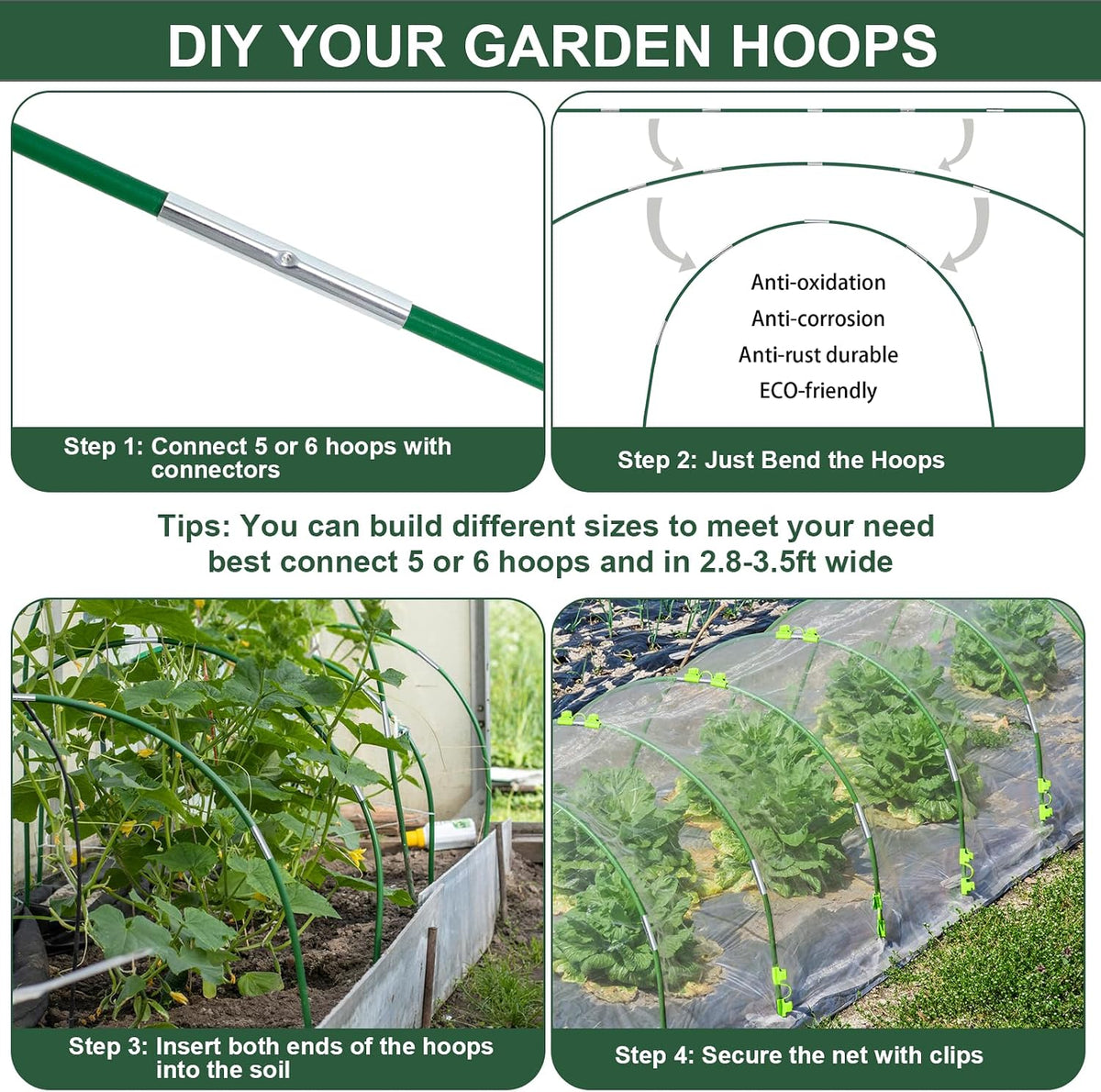 36Pcs Garden Hoops for Raised Beds,6 Sets of 8FT Long Greenhouse Hoops Grow Tunnel, Fiberglass Support Hoops Frame for Fabric Netting,DIY Plant Support Garden Stakes for Row Cover