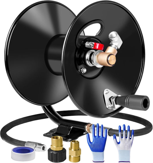 Pressure Washer Hose Reel 50ftx3/8” / 65ftx1/4”, 4000PSI Heavy Duty Power Washer Hose Reel with M22-14 Fitting, Hand Crank Metal Reel with Wall/Trailer/Van Mount, Manual Hose Reel for Water