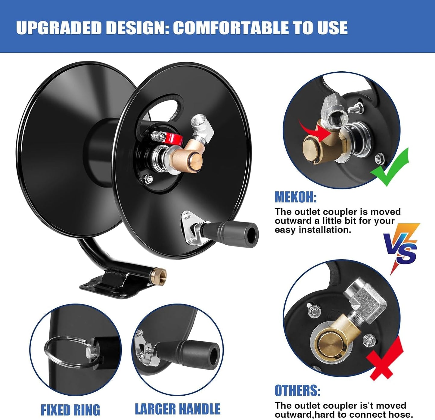 Pressure Washer Hose Reel 50ftx3/8” / 65ftx1/4”, 4000PSI Heavy Duty Power Washer Hose Reel with M22-14 Fitting, Hand Crank Metal Reel with Wall/Trailer/Van Mount, Manual Hose Reel for Water