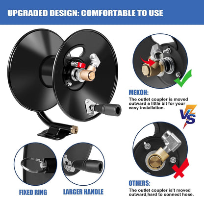Pressure Washer Hose Reel 50ftx3/8” / 65ftx1/4”, 4000PSI Heavy Duty Power Washer Hose Reel with M22-14 Fitting, Hand Crank Metal Reel with Wall/Trailer/Van Mount, Manual Hose Reel for Water