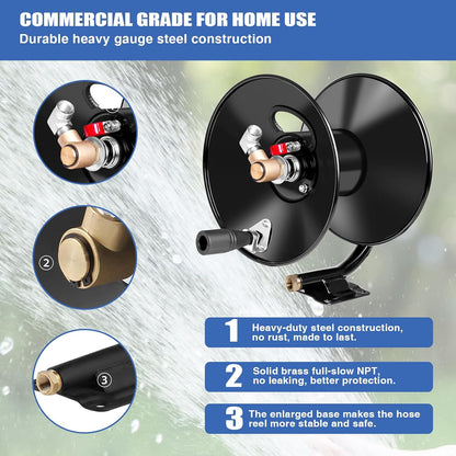 Pressure Washer Hose Reel 50ftx3/8” / 65ftx1/4”, 4000PSI Heavy Duty Power Washer Hose Reel with M22-14 Fitting, Hand Crank Metal Reel with Wall/Trailer/Van Mount, Manual Hose Reel for Water