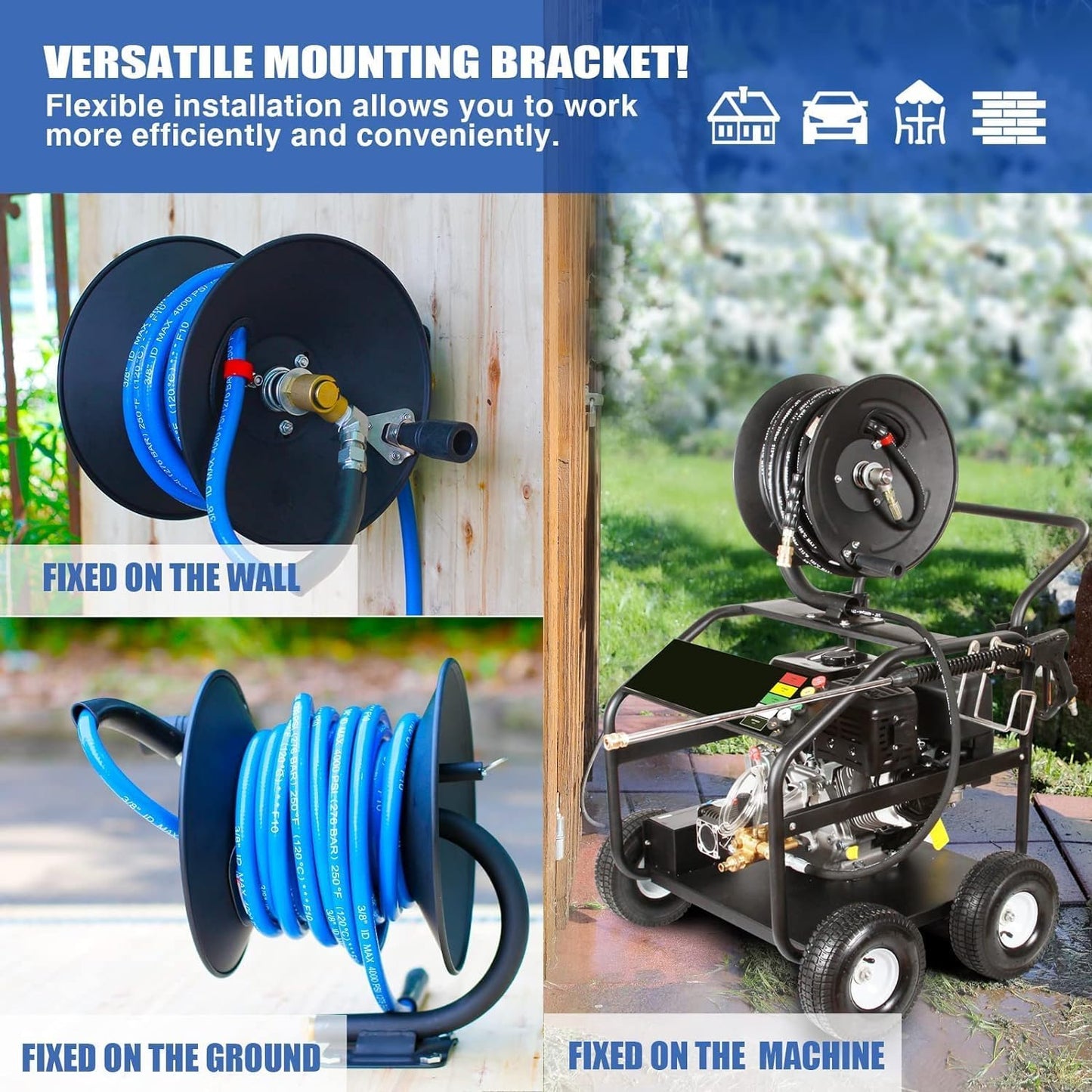 Pressure Washer Hose Reel 50ftx3/8” / 65ftx1/4”, 4000PSI Heavy Duty Power Washer Hose Reel with M22-14 Fitting, Hand Crank Metal Reel with Wall/Trailer/Van Mount, Manual Hose Reel for Water