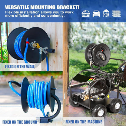 Pressure Washer Hose Reel 50ftx3/8” / 65ftx1/4”, 4000PSI Heavy Duty Power Washer Hose Reel with M22-14 Fitting, Hand Crank Metal Reel with Wall/Trailer/Van Mount, Manual Hose Reel for Water