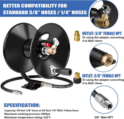 Pressure Washer Hose Reel 50ftx3/8” / 65ftx1/4”, 4000PSI Heavy Duty Power Washer Hose Reel with M22-14 Fitting, Hand Crank Metal Reel with Wall/Trailer/Van Mount, Manual Hose Reel for Water