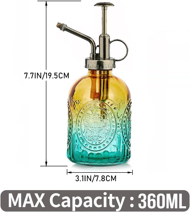 35 oz/1000 ml Metal Indoor Small Watering Can with Long Spout for House Plants Decorative, 12 oz/360 ml Glass Plant Mister Spray Bottle for Bonsai Garden Flowers(Green)