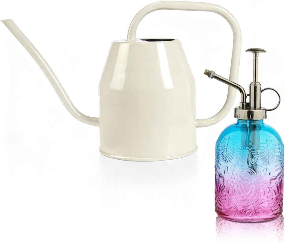 35 oz/1000 ml Metal Indoor Small Watering Can with Long Spout for House Plants Decorative, 12 oz/360 ml Glass Plant Mister Spray Bottle for Bonsai Garden Flowers(Green)