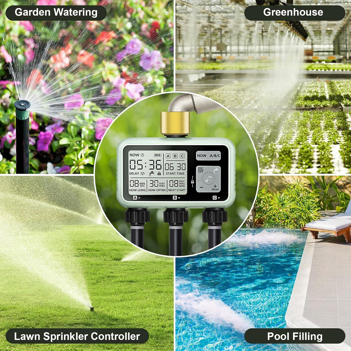 Watering Timer 3 Zone with Brass Inlet, Sprinkler Timer, Programmable Garden Outdoor Hose Faucet Timers with Rain Delay, Auto & Manual Watering System,Water Hose Irrigation Timers 3 Outlet for Garden