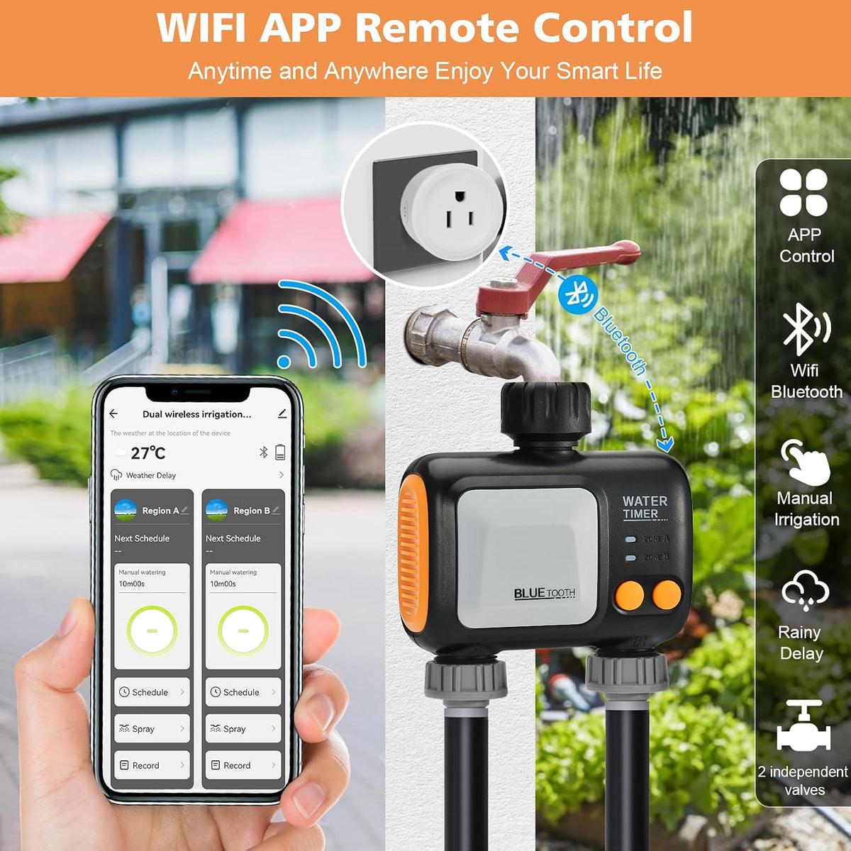 Watering Timer 3 Zone with Brass Inlet, Sprinkler Timer, Programmable Garden Outdoor Hose Faucet Timers with Rain Delay, Auto & Manual Watering System,Water Hose Irrigation Timers 3 Outlet for Garden