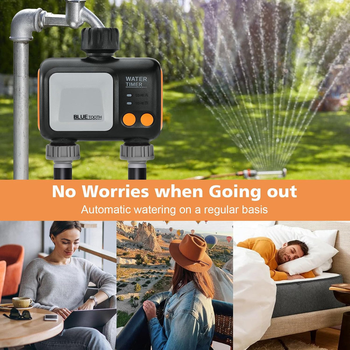 Watering Timer 3 Zone with Brass Inlet, Sprinkler Timer, Programmable Garden Outdoor Hose Faucet Timers with Rain Delay, Auto & Manual Watering System,Water Hose Irrigation Timers 3 Outlet for Garden