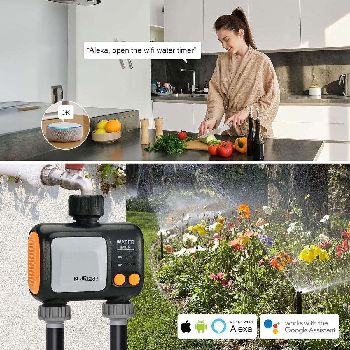 Watering Timer 3 Zone with Brass Inlet, Sprinkler Timer, Programmable Garden Outdoor Hose Faucet Timers with Rain Delay, Auto & Manual Watering System,Water Hose Irrigation Timers 3 Outlet for Garden