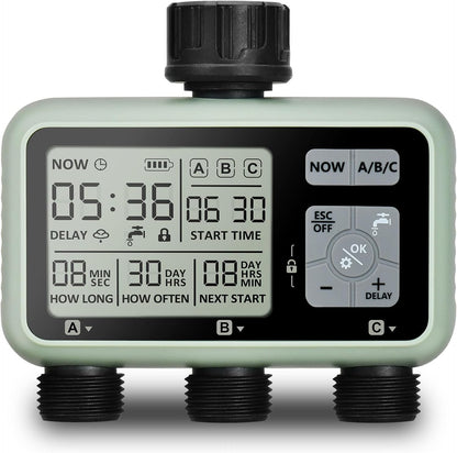 Watering Timer 3 Zone with Brass Inlet, Sprinkler Timer, Programmable Garden Outdoor Hose Faucet Timers with Rain Delay, Auto & Manual Watering System,Water Hose Irrigation Timers 3 Outlet for Garden