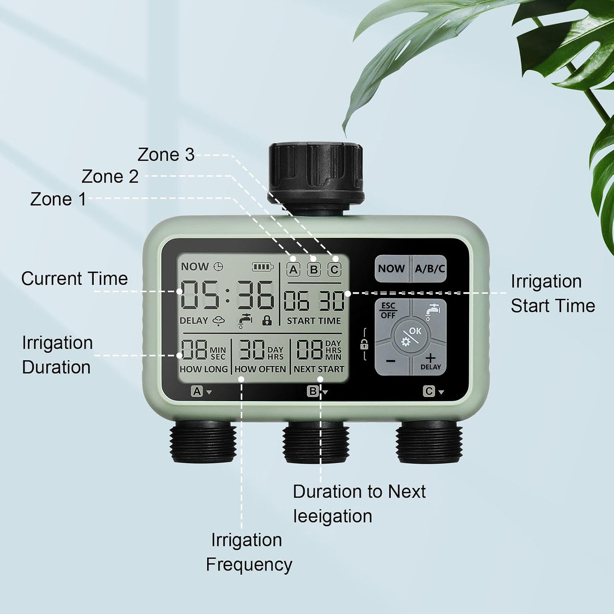 Watering Timer 3 Zone with Brass Inlet, Sprinkler Timer, Programmable Garden Outdoor Hose Faucet Timers with Rain Delay, Auto & Manual Watering System,Water Hose Irrigation Timers 3 Outlet for Garden