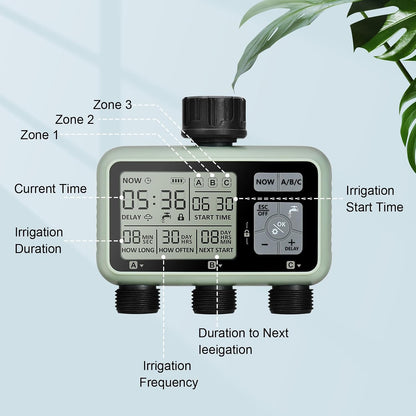 Watering Timer 3 Zone with Brass Inlet, Sprinkler Timer, Programmable Garden Outdoor Hose Faucet Timers with Rain Delay, Auto & Manual Watering System,Water Hose Irrigation Timers 3 Outlet for Garden
