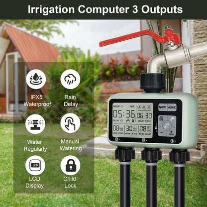 Watering Timer 3 Zone with Brass Inlet, Sprinkler Timer, Programmable Garden Outdoor Hose Faucet Timers with Rain Delay, Auto & Manual Watering System,Water Hose Irrigation Timers 3 Outlet for Garden