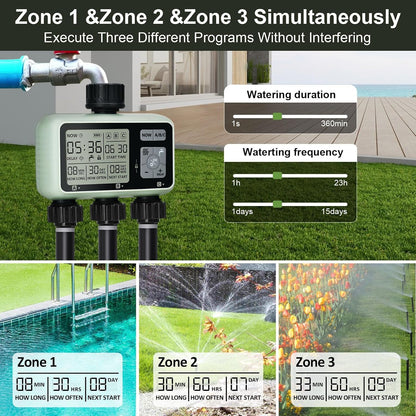 Watering Timer 3 Zone with Brass Inlet, Sprinkler Timer, Programmable Garden Outdoor Hose Faucet Timers with Rain Delay, Auto & Manual Watering System,Water Hose Irrigation Timers 3 Outlet for Garden