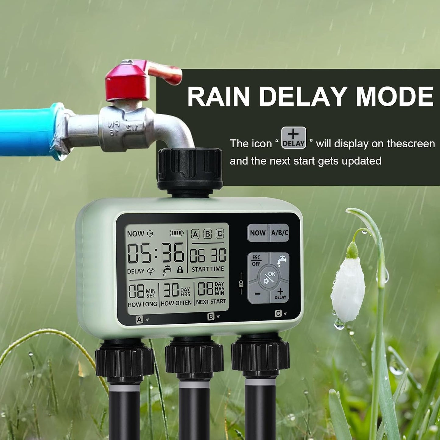 Watering Timer 3 Zone with Brass Inlet, Sprinkler Timer, Programmable Garden Outdoor Hose Faucet Timers with Rain Delay, Auto & Manual Watering System,Water Hose Irrigation Timers 3 Outlet for Garden