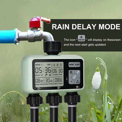 Watering Timer 3 Zone with Brass Inlet, Sprinkler Timer, Programmable Garden Outdoor Hose Faucet Timers with Rain Delay, Auto & Manual Watering System,Water Hose Irrigation Timers 3 Outlet for Garden