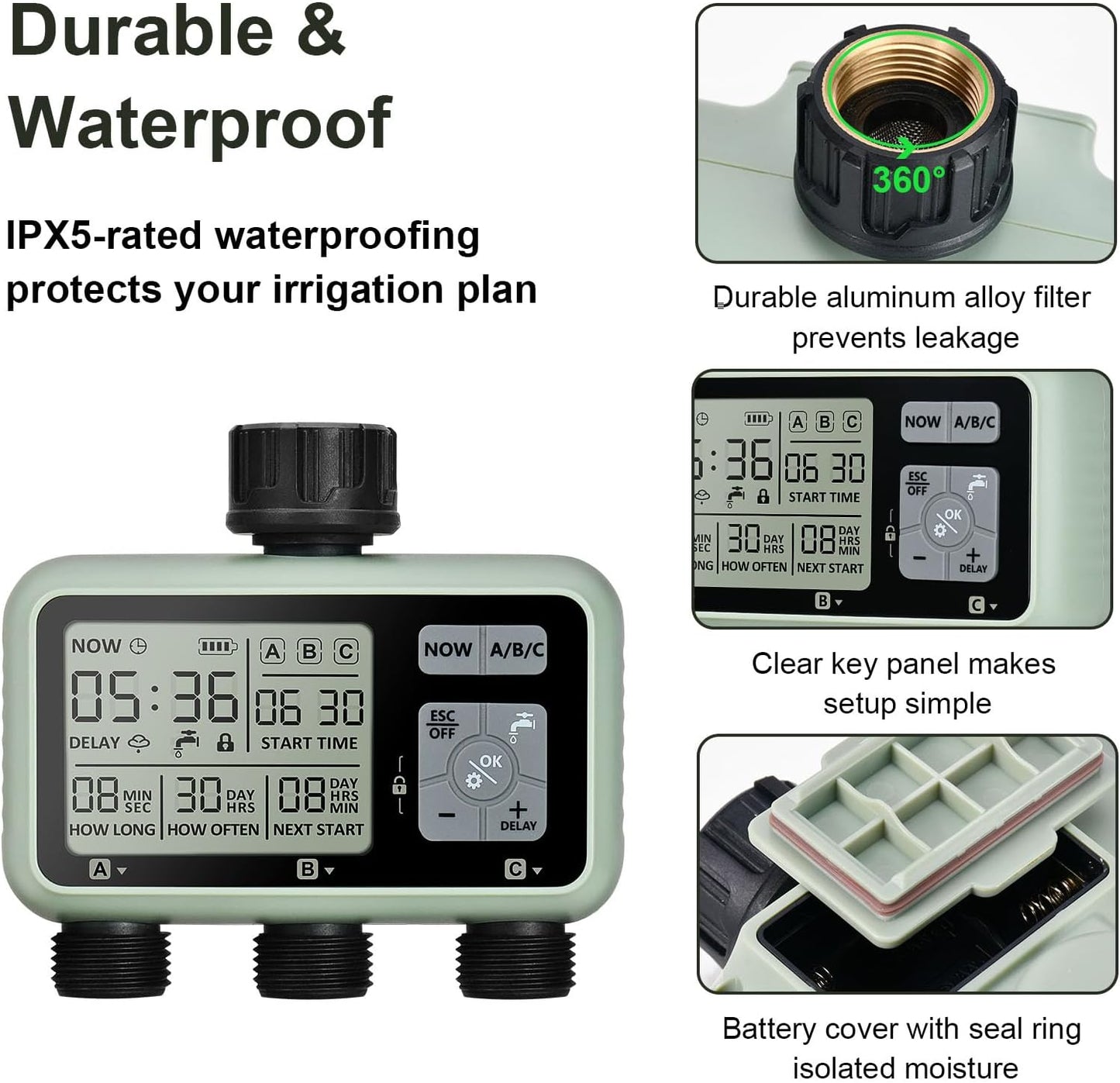 Watering Timer 3 Zone with Brass Inlet, Sprinkler Timer, Programmable Garden Outdoor Hose Faucet Timers with Rain Delay, Auto & Manual Watering System,Water Hose Irrigation Timers 3 Outlet for Garden