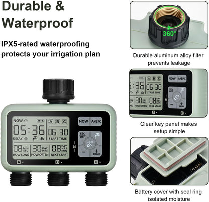Watering Timer 3 Zone with Brass Inlet, Sprinkler Timer, Programmable Garden Outdoor Hose Faucet Timers with Rain Delay, Auto & Manual Watering System,Water Hose Irrigation Timers 3 Outlet for Garden