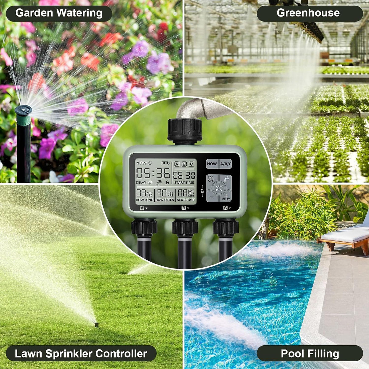 Watering Timer 3 Zone with Brass Inlet, Sprinkler Timer, Programmable Garden Outdoor Hose Faucet Timers with Rain Delay, Auto & Manual Watering System,Water Hose Irrigation Timers 3 Outlet for Garden
