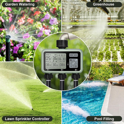 Watering Timer 3 Zone with Brass Inlet, Sprinkler Timer, Programmable Garden Outdoor Hose Faucet Timers with Rain Delay, Auto & Manual Watering System,Water Hose Irrigation Timers 3 Outlet for Garden