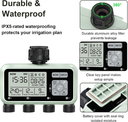 Watering Timer 3 Zone with Brass Inlet, Sprinkler Timer, Programmable Garden Outdoor Hose Faucet Timers with Rain Delay, Auto & Manual Watering System,Water Hose Irrigation Timers 3 Outlet for Garden