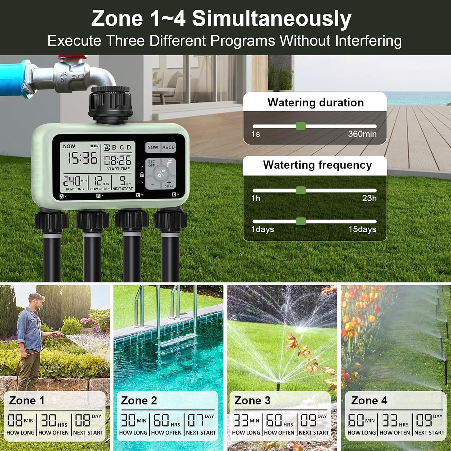 Watering Timer 3 Zone with Brass Inlet, Sprinkler Timer, Programmable Garden Outdoor Hose Faucet Timers with Rain Delay, Auto & Manual Watering System,Water Hose Irrigation Timers 3 Outlet for Garden