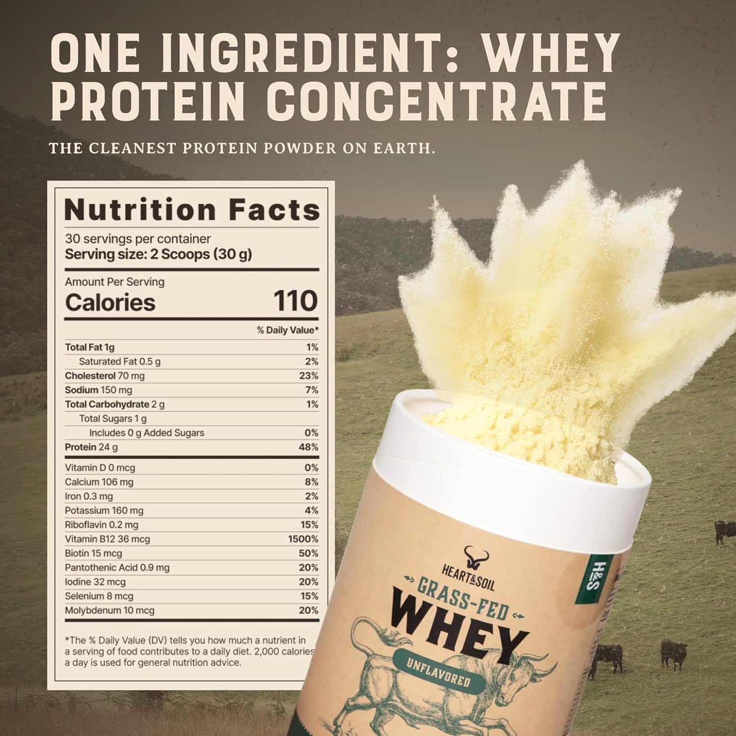Grass Fed Whey Protein Powder, Unflavored, 2 lbs