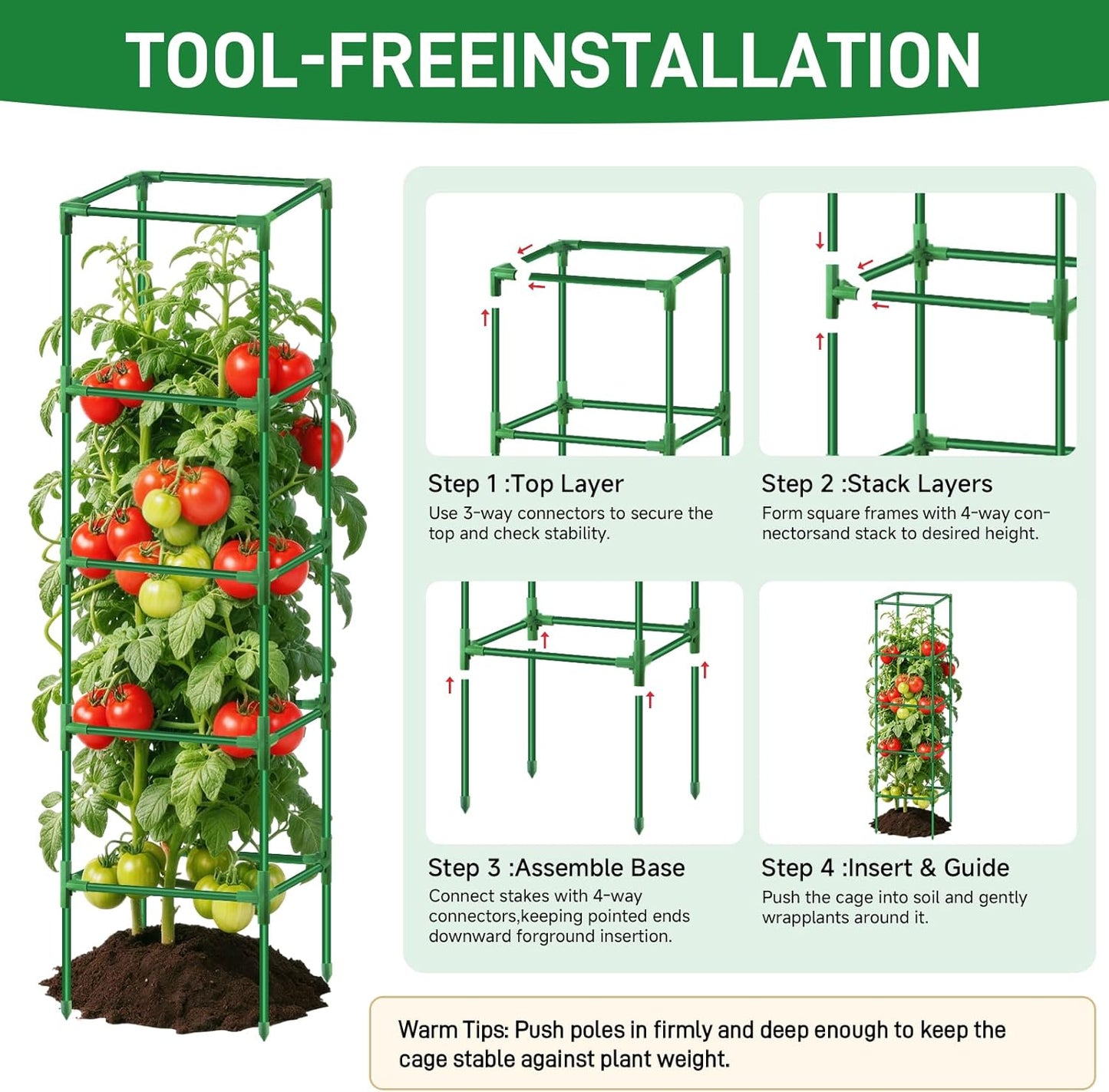 3 Pack Square Tomato Cage Heavy Duty Rust-Resistant Metal Tomato Trellis