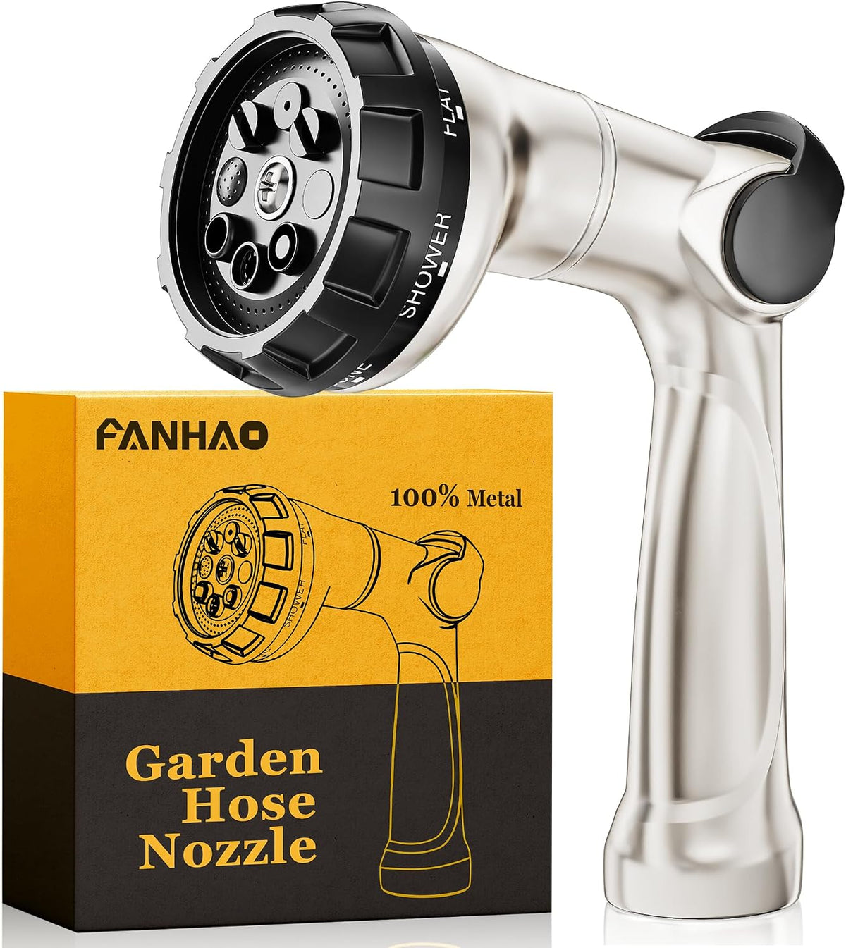 Thumb Control Garden Hose Nozzle Heavy Duty Metal, 8 Spray Patterns