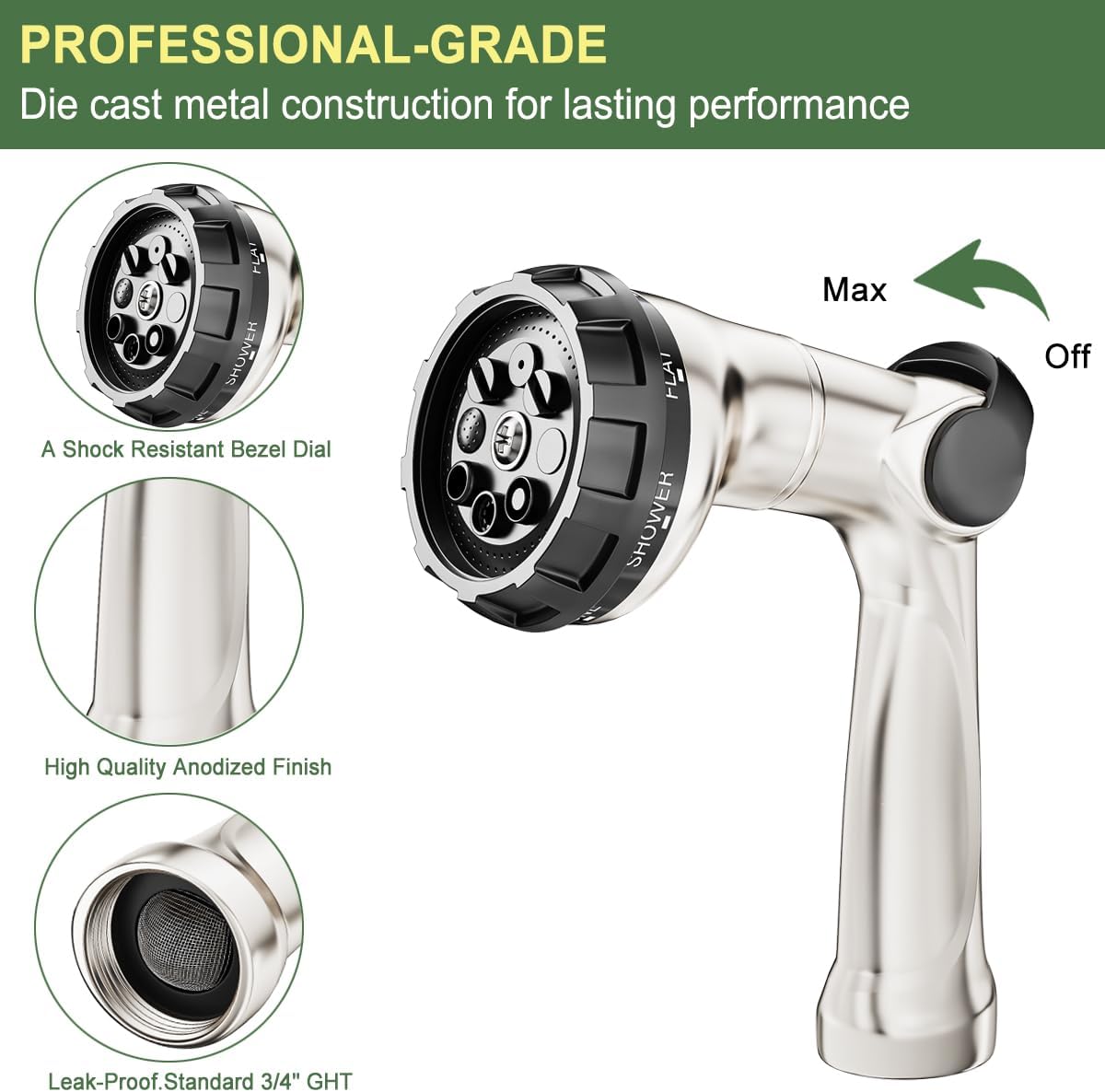 Thumb Control Garden Hose Nozzle Heavy Duty Metal, 8 Spray Patterns