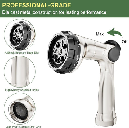 Thumb Control Garden Hose Nozzle Heavy Duty Metal, 8 Spray Patterns