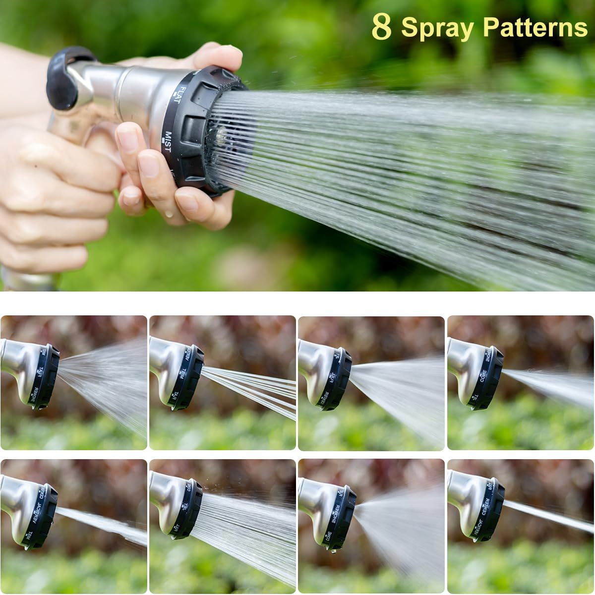 Thumb Control Garden Hose Nozzle Heavy Duty Metal, 8 Spray Patterns