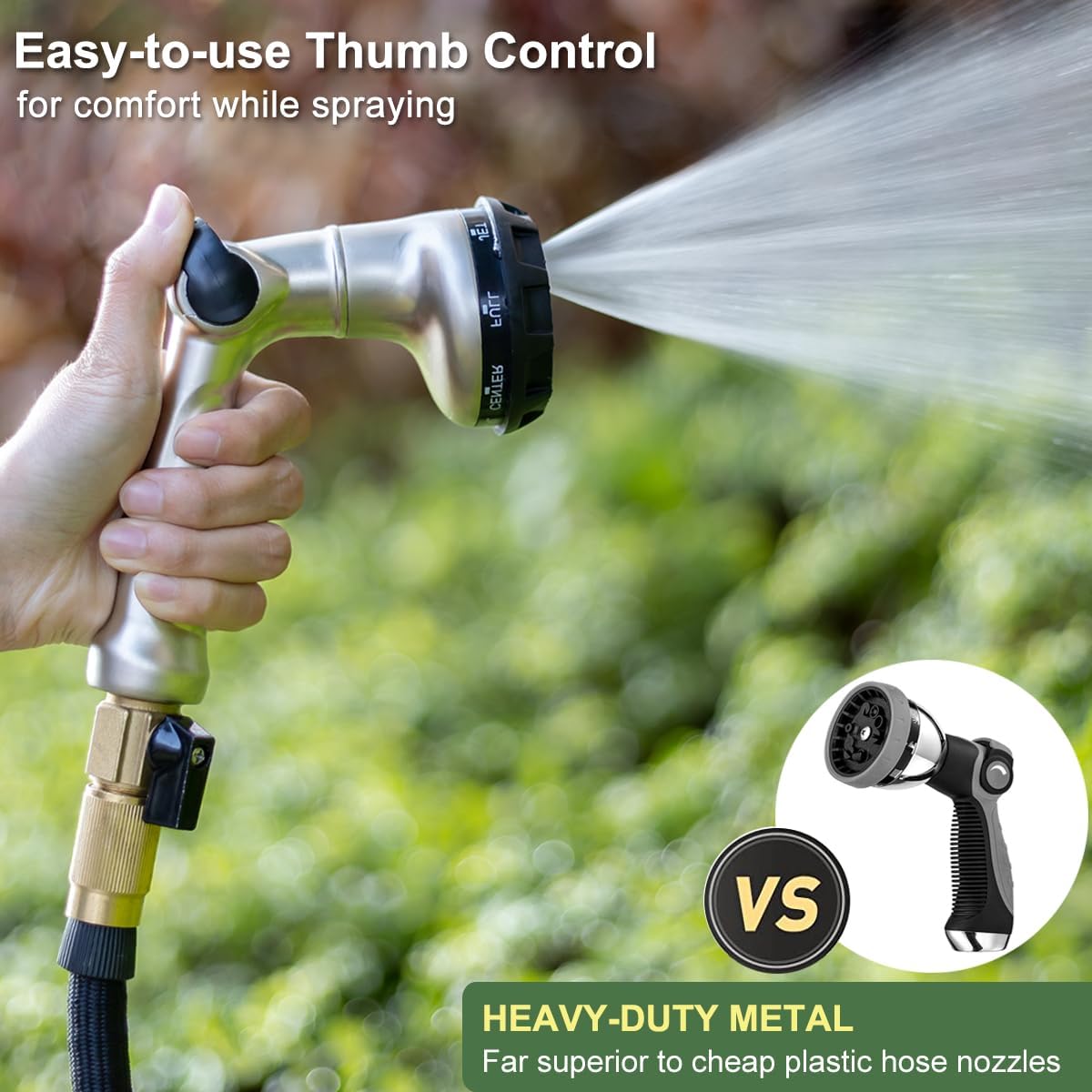 Thumb Control Garden Hose Nozzle Heavy Duty Metal, 8 Spray Patterns