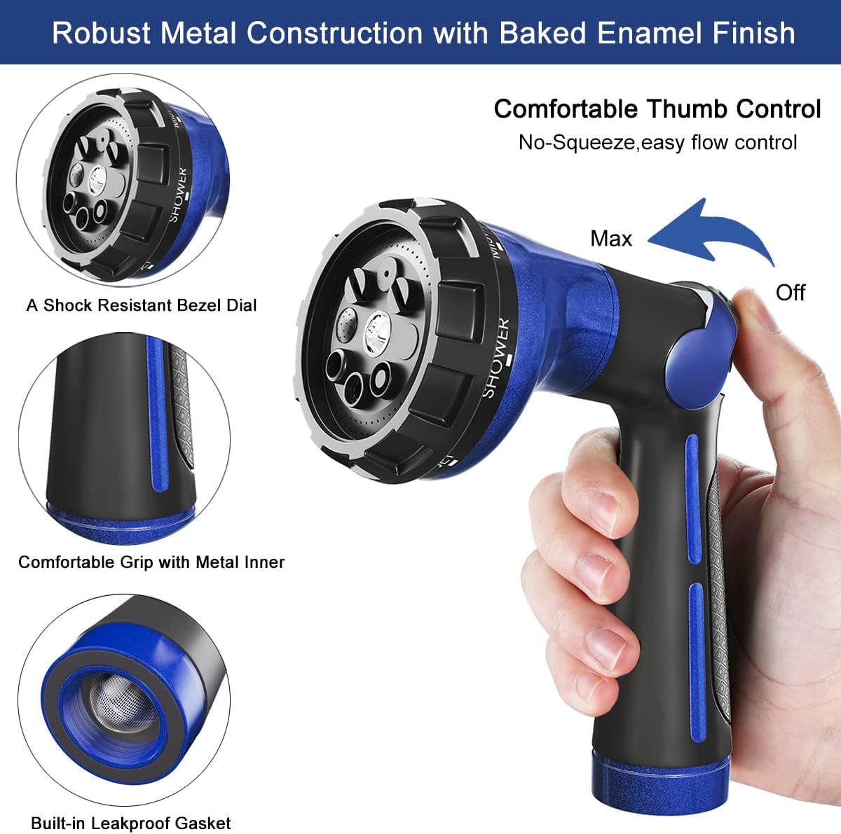 Thumb Control Garden Hose Nozzle Heavy Duty Metal, 8 Spray Patterns
