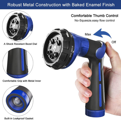 Thumb Control Garden Hose Nozzle Heavy Duty Metal, 8 Spray Patterns